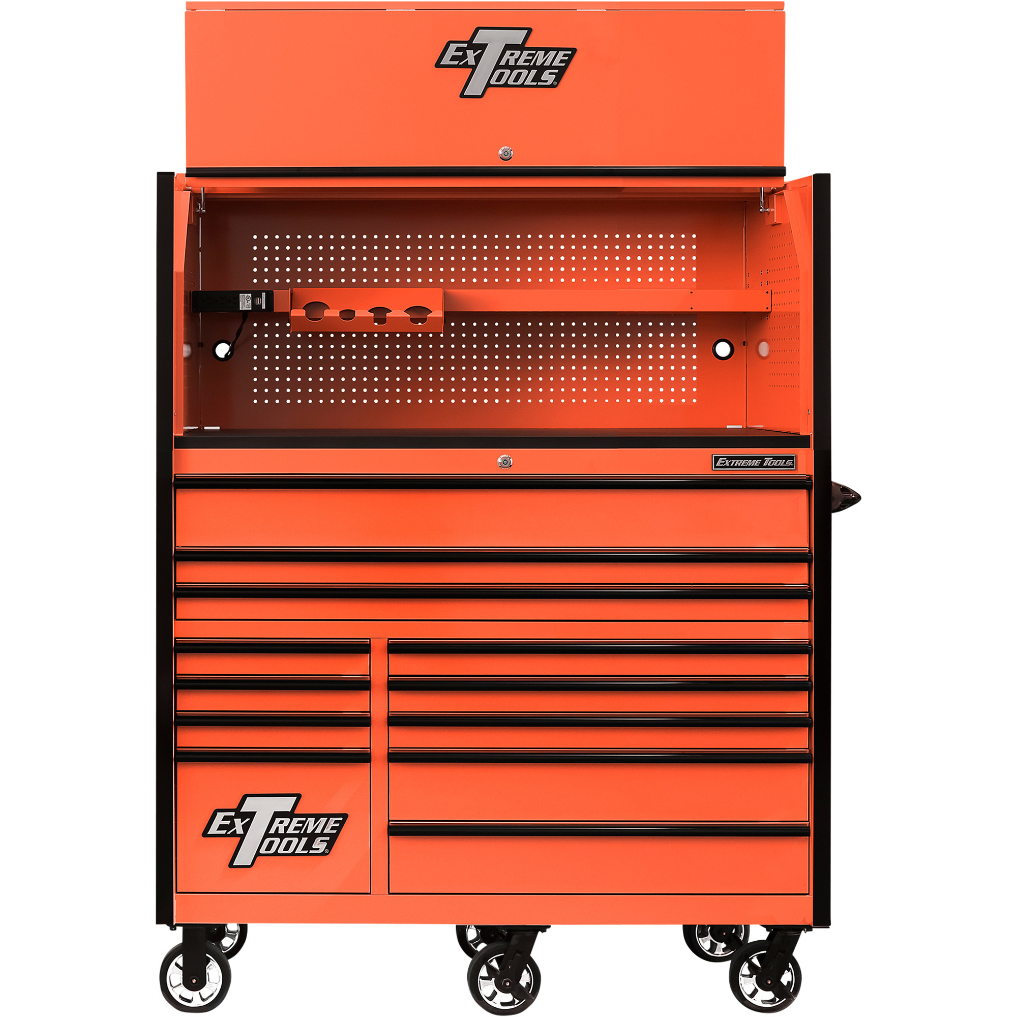 Extreme Tools Power Workstation Professional Hutch and 12-Drawer Roller Cabinet Combo - 55in.W, Orange/Black, Adjustable Shelf, Power Strip, 150-Lb. Slides, Model# RX5513HROK